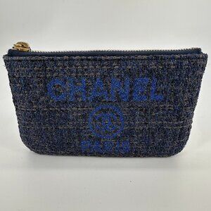 Chanel Woven Straw Raffia Deauville Cosmetic Pouch Blue